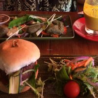 veggie burger, veggie nuggets and turmeric latte  at Kemu in Terrigal