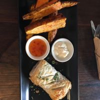 “Sausage” walnut roll and sweet potato fries  at Kemu in Terrigal