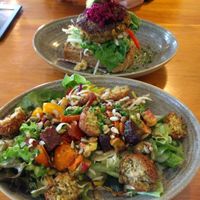 salad and burger dishes  at Hislop's Cafe in Kaikoura
