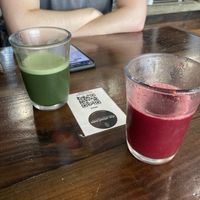 Green and Red Juice at The Pitted Date in Playa Del Carmen