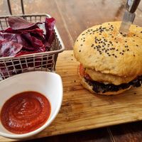 Burger and sweet potato chips at The Pitted Date in Playa Del Carmen