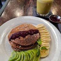 hotcakes and golden milk at The Pitted Date in Playa Del Carmen
