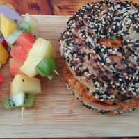 bagel with vegan egg and chorizo at The Pitted Date in Playa Del Carmen