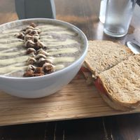 Mushroom soup and grilled cheese sandwich on gluten-free bread.  Both were excellent at The Pitted Date in Playa Del Carmen