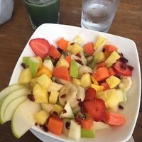 Massive fruit bowl and green drink (forgot to take pic before I started eating- looked even better to start with) at The Pitted Date in Playa Del Carmen