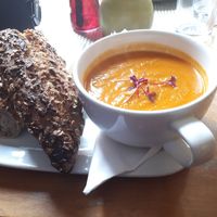 Tomato soup with whole grain bread at Taste of Shrewsbury in Shrewsbury