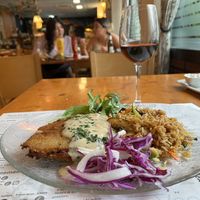 Cordon Bleu with house red wine  at Hicuri in Granada