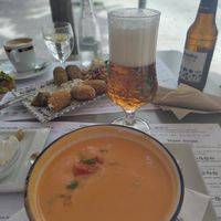 Gazpacho and Croquettes in the background at Hicuri in Granada