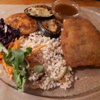 Seitan cordon bleu and brown rice at Hicuri in Granada