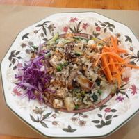 tofu and mushroom stir fry with whole rice at Hicuri in Granada