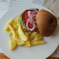 Hamburguesa vegetal de soja con patatas at Hicuri in Granada