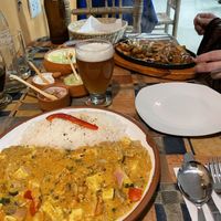 Tofu korma and vegetable fajitas (sour cream and cheese pictured is NOT vegan, ask for without)   at Chilli Heaven in Huaraz