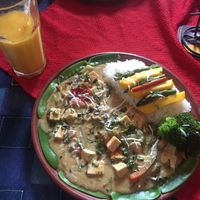 Thai yellow (or maybe it was green?) curry and mango drink! All vegan.  at Chilli Heaven in Huaraz