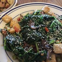 TOFU BREAKFAST STIR FRY: Sautéed, Cubed Tofu with Spinach, Mushrooms, Tomatoes, Scallions, and Sesame Seeds at Blue Willow in Tucson