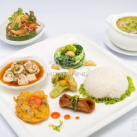 Set meal 6 ($8,75 per head)
-Deep-fried mushroom
-Deep-fried broccol
-Spring firecracker inuggets
-Banana flower salad
-Special tofu braised in clay-pot
-Napa cabbage 
-Organic white rice
-Iced tea + wet tissue included at Loving Hut Hoa Dang in Hanoi