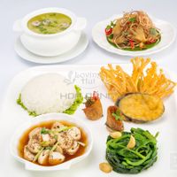 Set Meal 8 ($9,25 per head)
-Deep-fried eggplants
-Deep-fried enoki mushrooms
-Spring firecracker nuggets
-Banana flower salad
-Braised mushrooms in casserole
-Sauteed Malabar spinach with garlic
-Napa cabbage soup
-Organic white rice
-Tap w at Loving Hut Hoa Dang in Hanoi