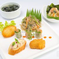 Set meal 9 ( $10 per head)
-Summer rolls
-Deep-fried corn paste
-Deep-fried tango
-Thai style papaya salad
-Toasted bread with cream sauce
-Stir-fried vermicelli
-Seaweed soup
-tap water + wet tissue included at Loving Hut Hoa Dang in Hanoi