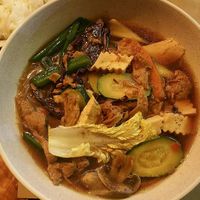 Vegan soup with noodles and vegetables at Saigon Delice Restaurant in Valencia