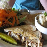 The Berliner with Mushroom Gravy Mashed Potatoes and a Salad at Sluggo's in Pensacola