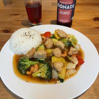 Kung Pao - delicious crispy soy bits with sauce and vegetables. at Loving Hut in Hamburg