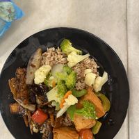 Assortment of vegetables and tofu with rice  at Veggie Time in Kota Kinabalu