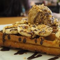 Waffle topped with Bananas and Chocolate Ice Cream - RM18 *Price depends on toppings added (as of 2017) at LN Fortunate Coffee - Solaris Mont Kiara in Kuala Lumpur