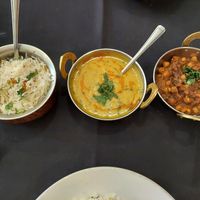 Saffron pilau rice, yellow daal tadka, channa masala at Golden Ambal in Edinburgh