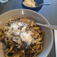 Creamy mushroom pasta with vegan parmesan. Delicious at Shop 225 Pizzeria in Pascoe Vale South