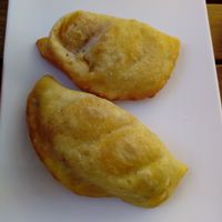 Vegan tuna pastry and vegetable and vegan cheese pastry. Greasy, but yummy. at Mano a Mano in Murcia