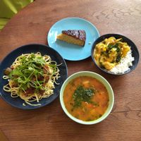 Main dishes, soup and a piece of almond cake at Smaki Roslinne in Krakow