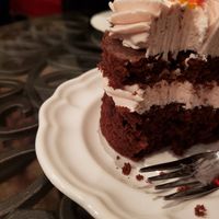 Vegan chocolate cake with raspberry buttercream frosting at The Butterwood Bake Consortium in Pittsburgh