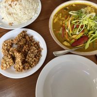 double rice portion, curry, and tempeh on the side  at Casa Ari in Gran Canaria