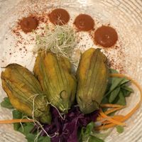 Tofu-stuffed courgette flowers at L'Orto Gia Salsamentario in Turin