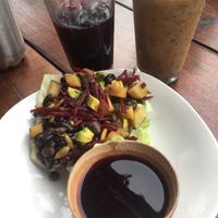 Bean and zucchini salad 
Caramel smoothie  at Burrito Amor in Tulum