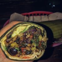 vegan burrito with added peppers and onions  at Burrito Amor in Tulum