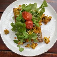 Tofu scramble egg with toast  at SUE in Rotterdam