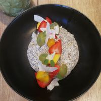Chia pudding + iced matcha latte at SUE in Rotterdam