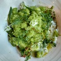 Spruce shoot 'granita' with pine cream and almond milk cream at Grön Restaurant in Helsinki