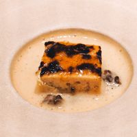 Grilled tofu with Grön signature sauce and yellow kosho sabayon at Grön Restaurant in Helsinki