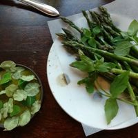 Starter: asparagus with summer herbs and a special dip.  at Grön Restaurant in Helsinki