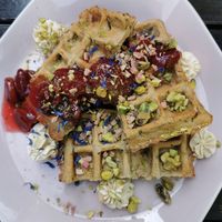 chia waffles with pistachio cream and jam at NOP in Tallinn