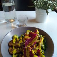 Tempeh and vegetables. (marinated cauliflower, kimchi raddish, kale) at NOP in Tallinn