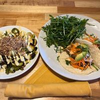 Appetizer Brussel sprouts.  Entree tacos (yummy) and arugula salad (very heavy in oil)   at Reverie Cafe + Bar in Minneapolis