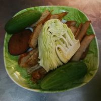 Fake meat and salad vegetables at Kuan imm ar-Harn-jay in Muang