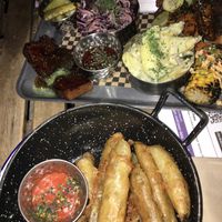 BBQ plate and Fried pickles   at Lucky Pig - Paradise Palms in Edinburgh