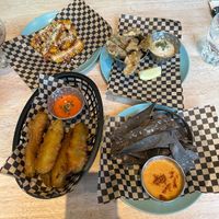 Corn ribs, fried oyster mushrooms, maize chips w cheese sauce, frickles    at Lucky Pig - Paradise Palms in Edinburgh