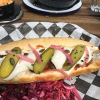 Fabulous seitan meatball sub. You can see our mac n cheese in the background (we ate it before I thought to get a photo) at Lucky Pig - Paradise Palms in Edinburgh