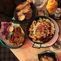 Chili cheese fries, seitan, fried pickles at Lucky Pig - Paradise Palms in Edinburgh