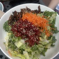 House salad with added pepper steak  at MeeT in Gastown in Vancouver