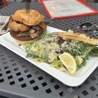 Meet burger with side caesar salad  at MeeT in Gastown in Vancouver